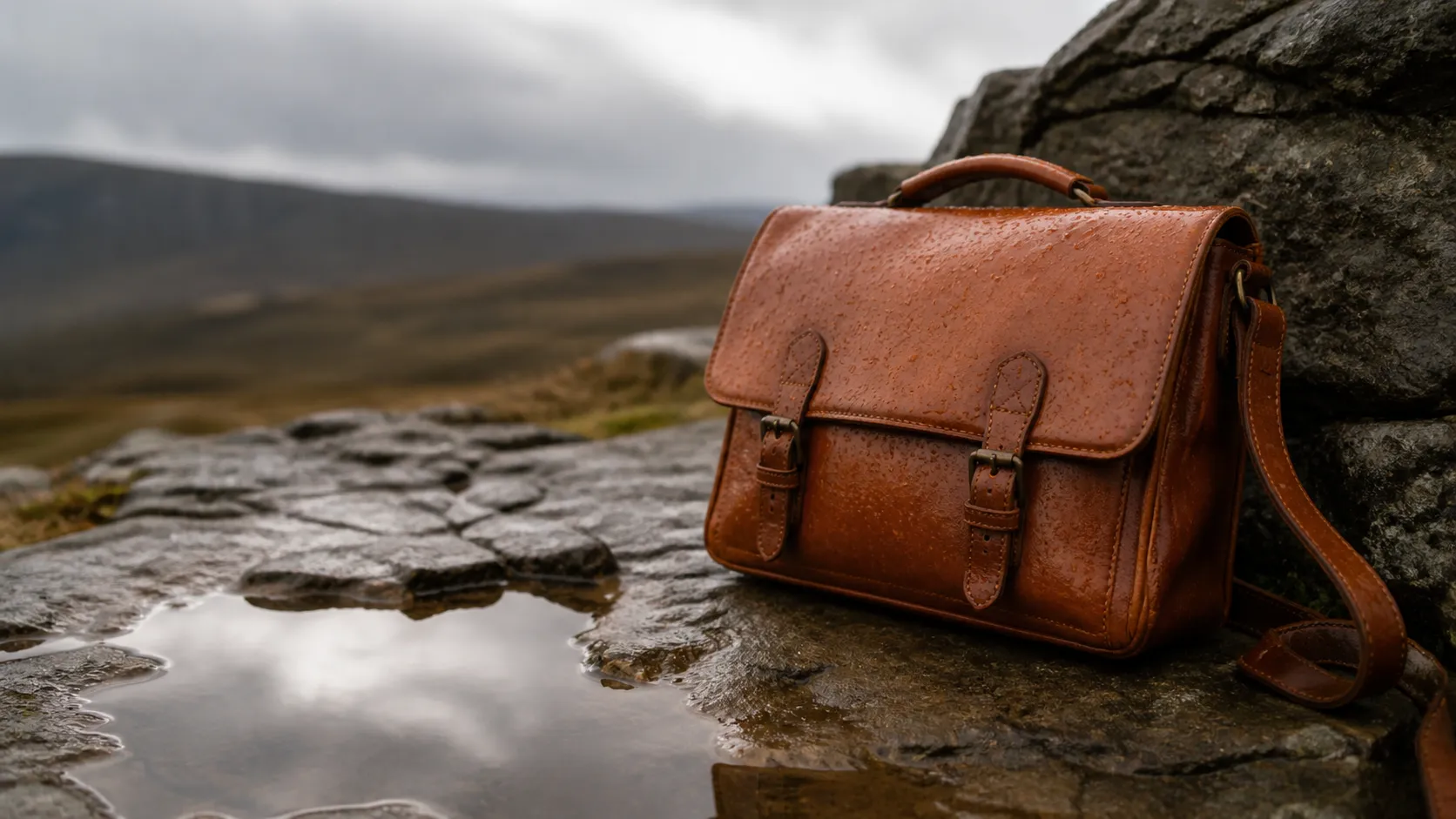 A leather Waterproof bag outdoors after light rain with water droplets visible on its surface