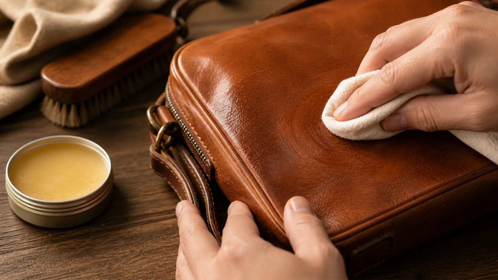 Hands applying leather conditioner to a cognac leather bag with care essentials on a wooden surface