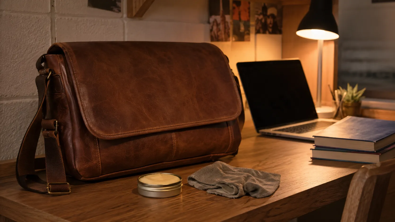 A leather college bag on a dorm desk with leather conditioner and care supplies nearby