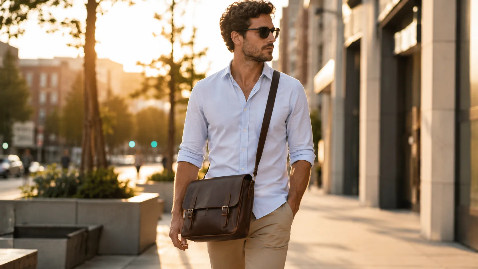 Person wearing a leather messenger bag cross-body while walking through a city street