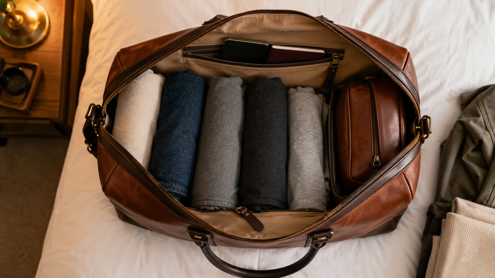 Top-down view of a leather travel bag being packed with clothing toiletry bag and passport visible