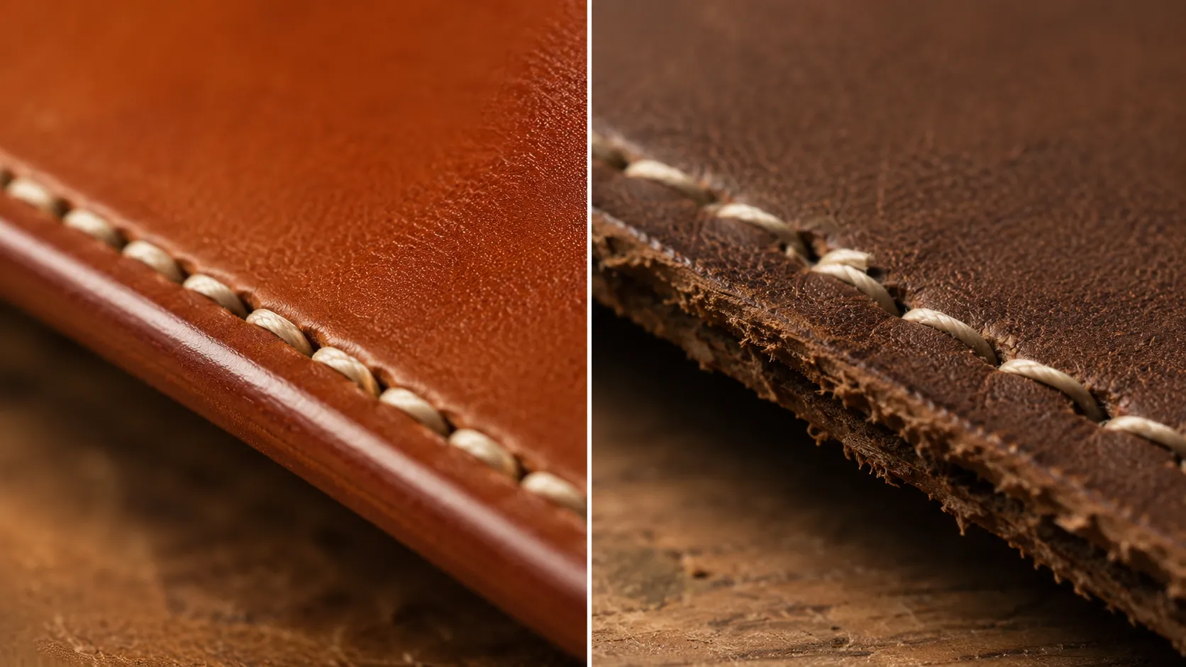 Close-up comparing quality leather bag stitching versus poor stitching showing the visible difference