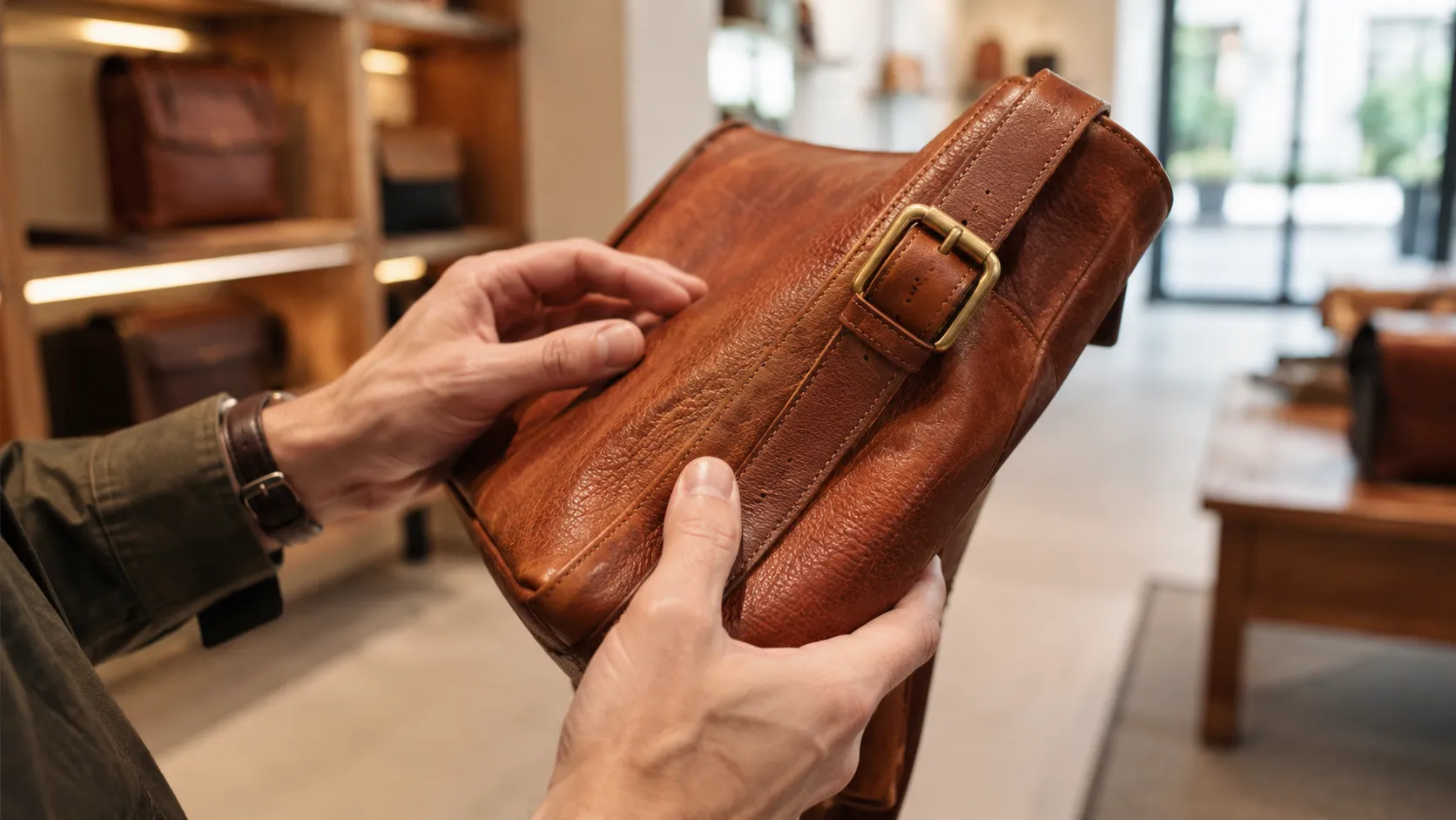 Hands examining leather grain and hardware on a quality leather bag in a retail setting