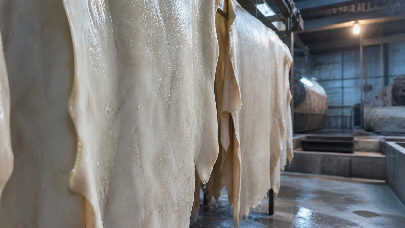 Prepared raw hides hanging in a tannery before the tanning process begins