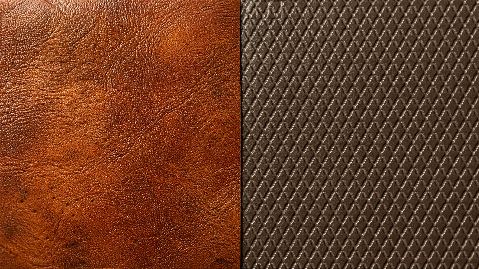 Close-up comparison of real leather with natural grain variations versus fake leather with a uniform artificial pattern