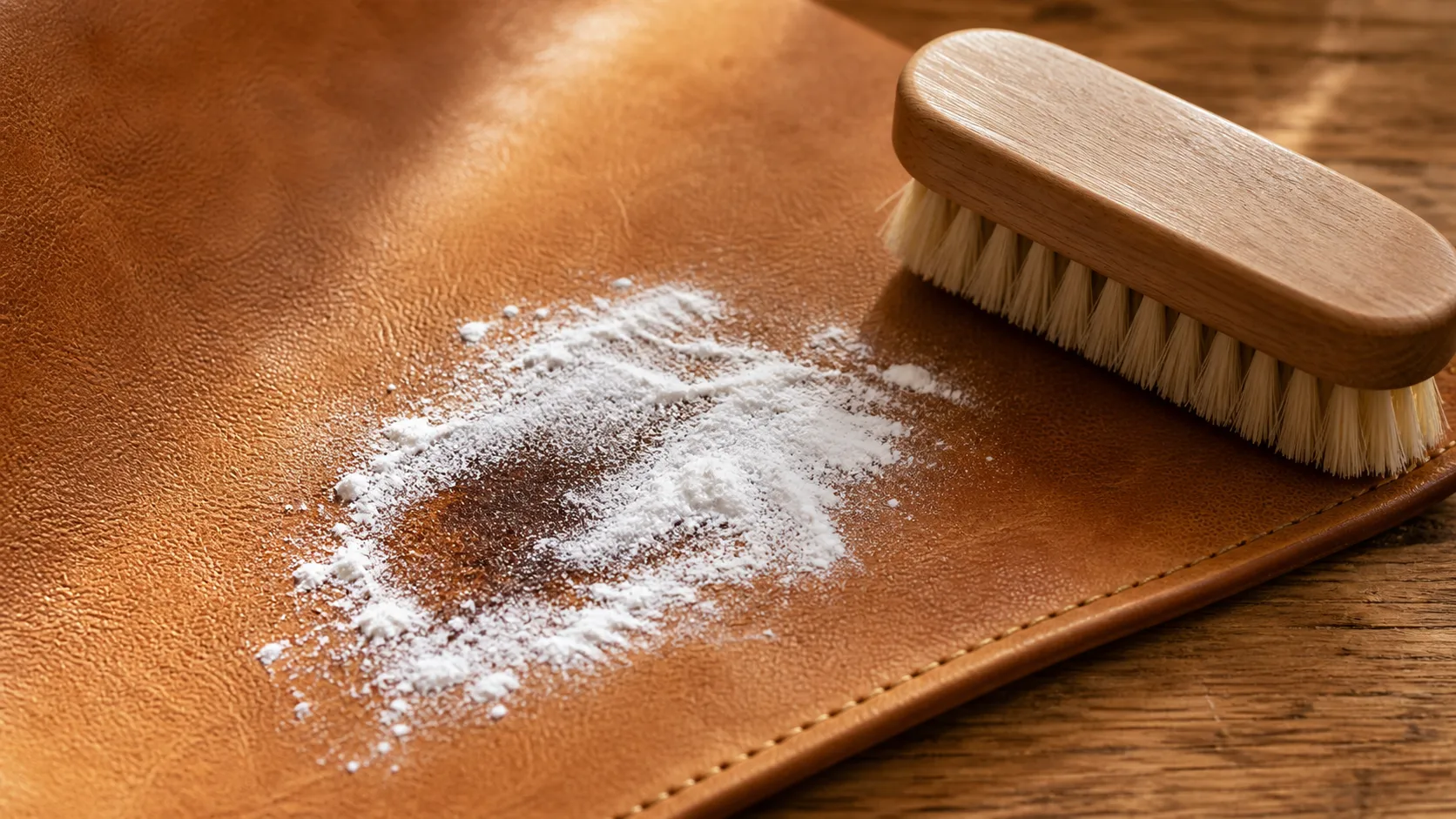 Baking soda applied to an oil stain on leather