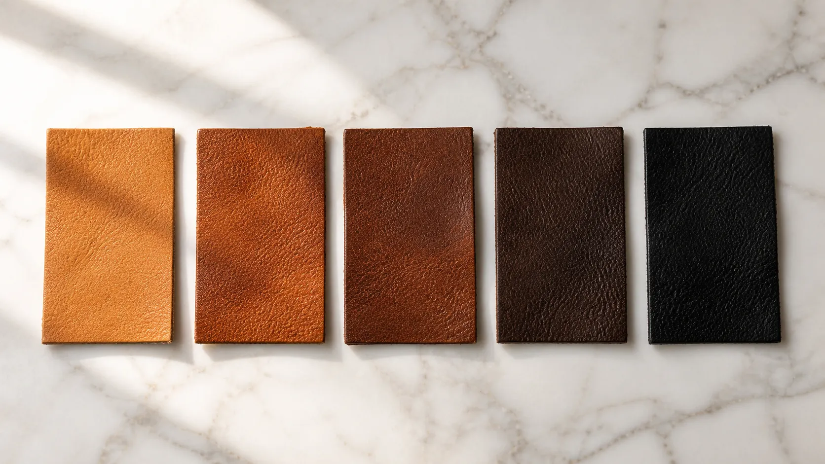 Leather bag color swatches in tan, cognac, brown, chocolate, and black showing natural grain texture