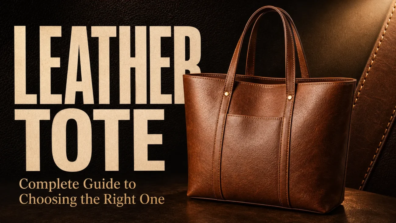Full-grain leather tote bag in cognac brown on a wooden desk in a modern workspace