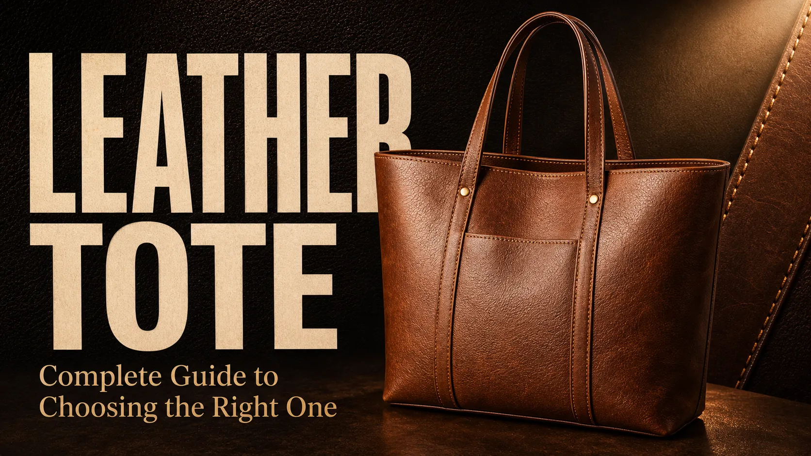 Full-grain leather tote bag in cognac brown on a wooden desk in a modern workspace