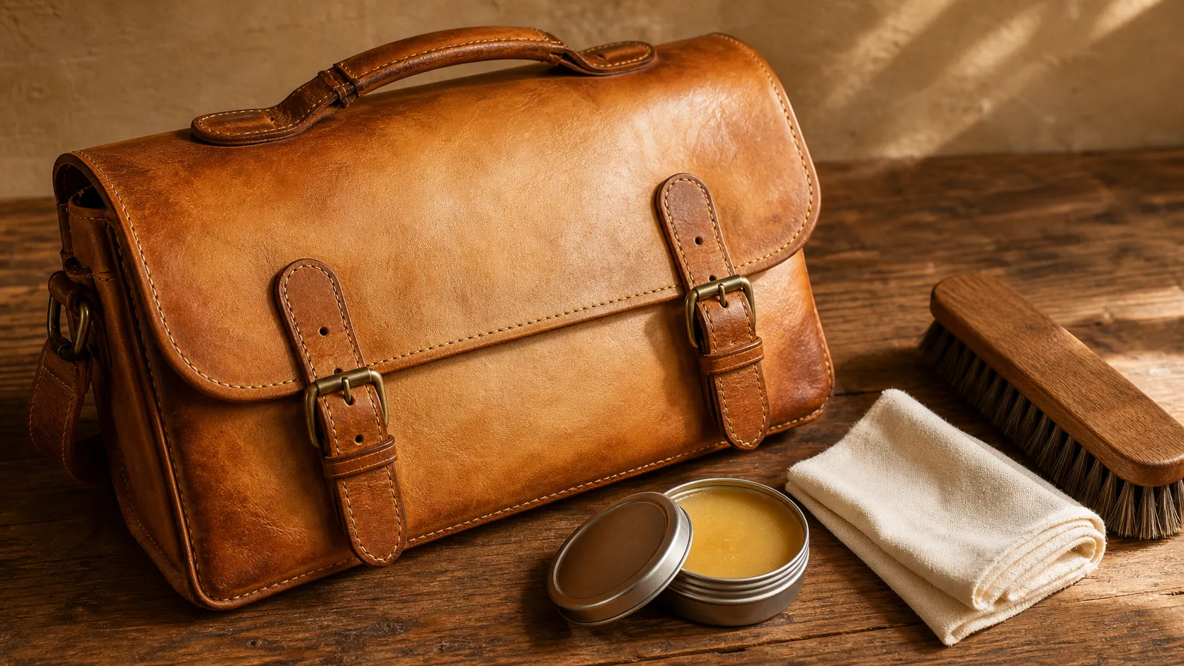 Leather care essentials including beeswax balm and brush beside a vegetable tanned leather bag showing early patina development