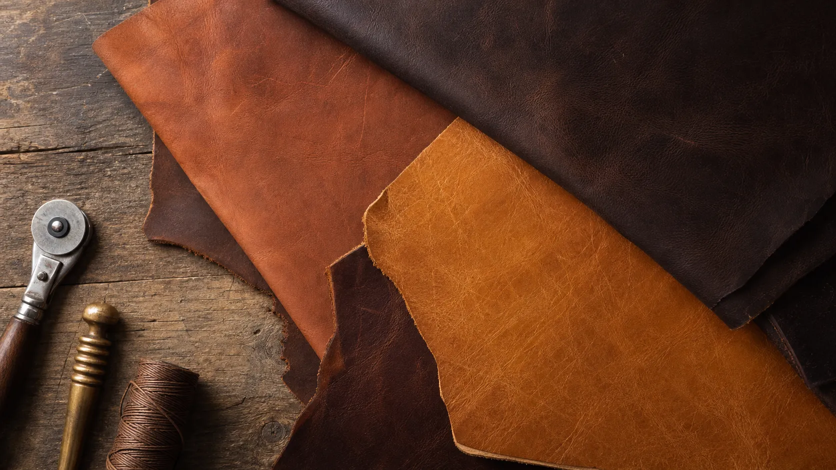 Premium full-grain leather hides in natural brown and tan tones