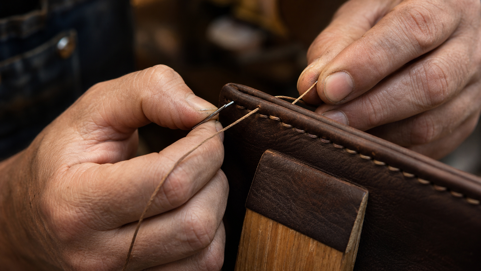 Artisan hand-stitching a full-grain leather bag using traditional saddle stitch