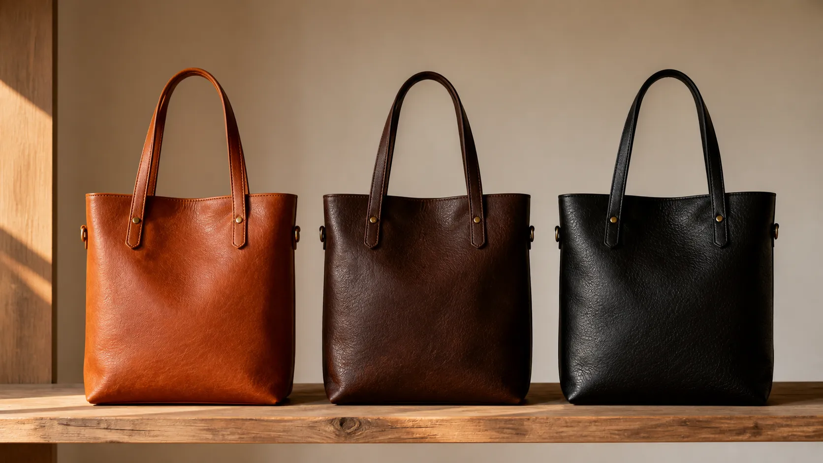 Three leather bags in cognac, dark brown, and black showing different leather bag color options