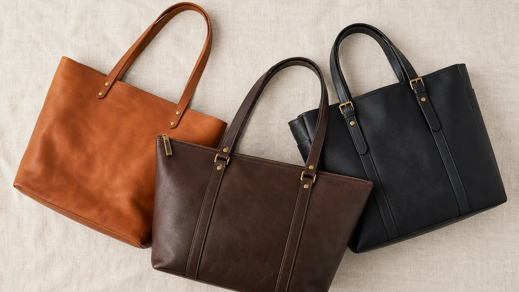Three types of leather tote bags — classic open-top, zippered, and structured work tote in tan, brown, and black