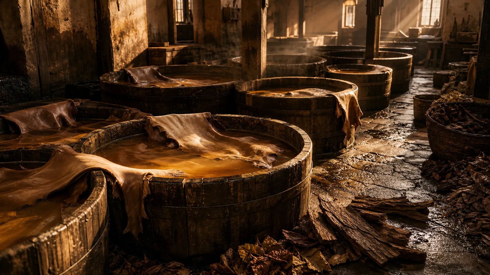 Traditional vegetable tanning vats in an artisan tannery with hides submerged in natural tannin solution