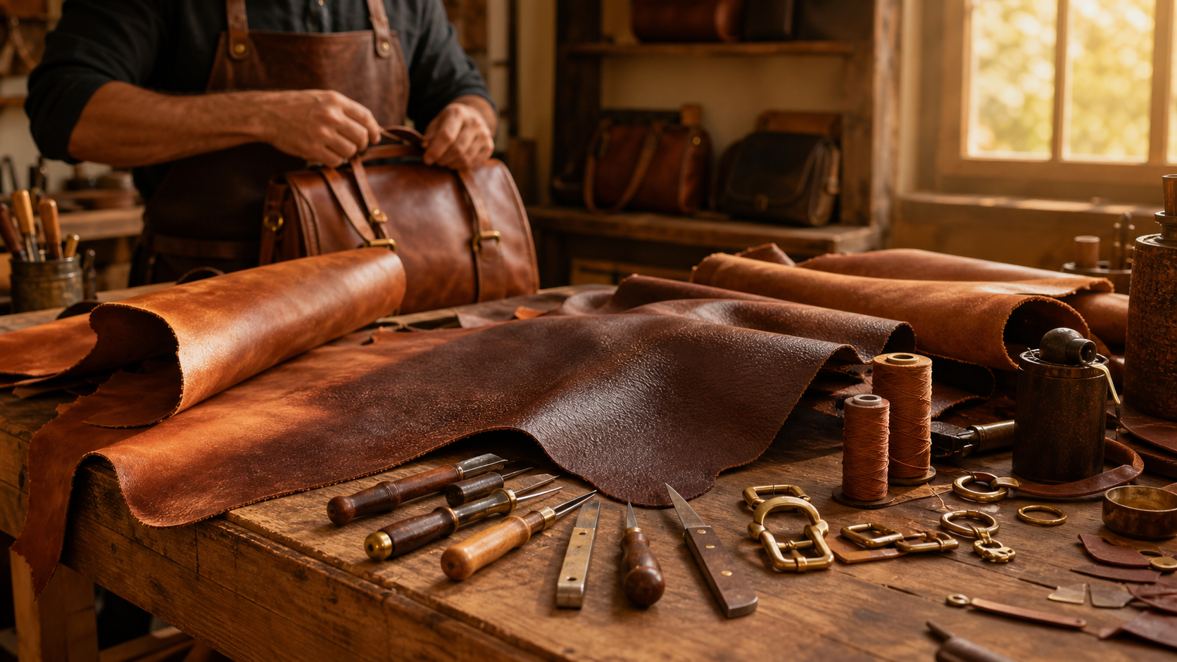 Leather workshop in Morocco with full-grain leather hides and artisan tools