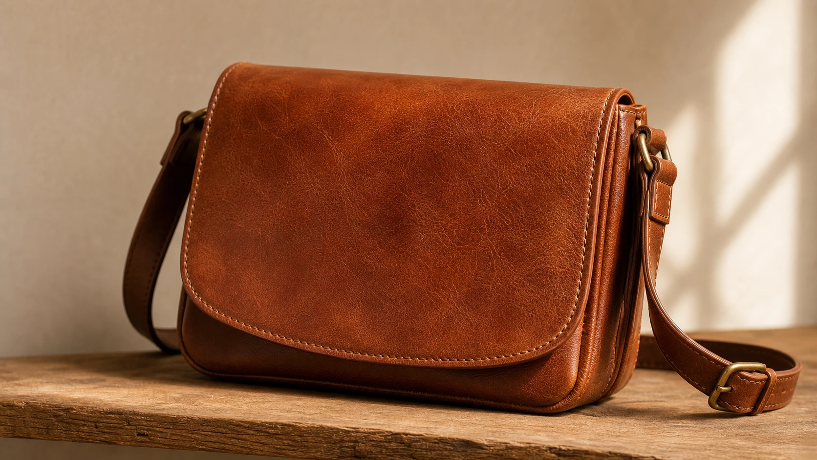 A beautifully conditioned leather bag showing a rich warm sheen and healthy supple surface