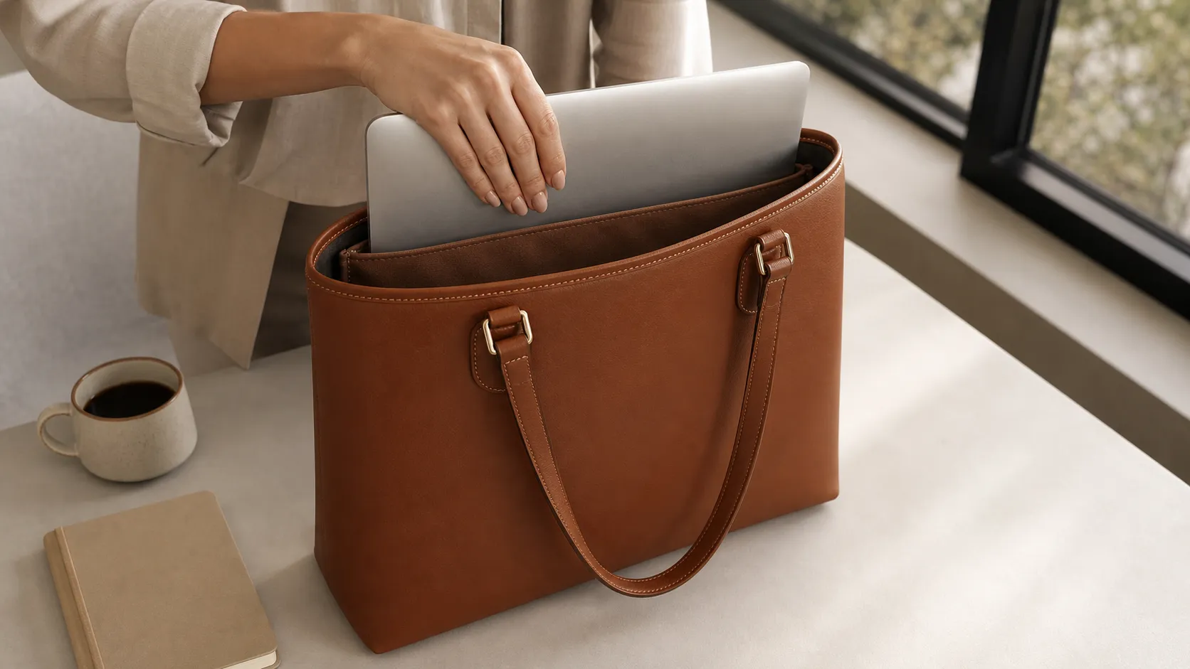 Placing a laptop inside a structured leather tote bag at a modern office desk