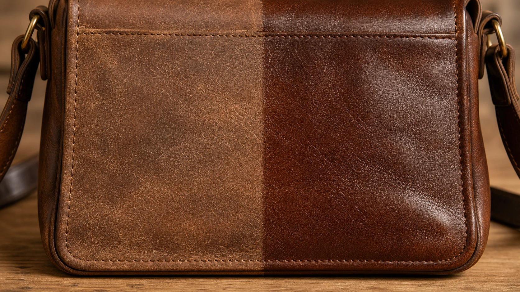 Before and after condition leather showing the difference between dry dull and conditioned supple leather