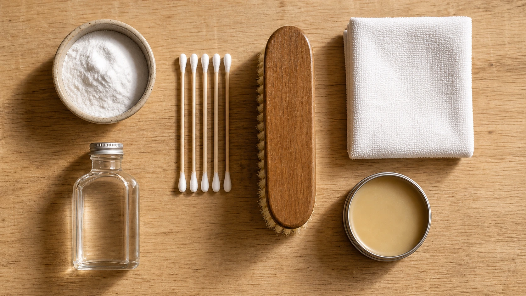 Leather stain removal toolkit including baking soda cotton swabs brush and conditioner arranged on wooden surface