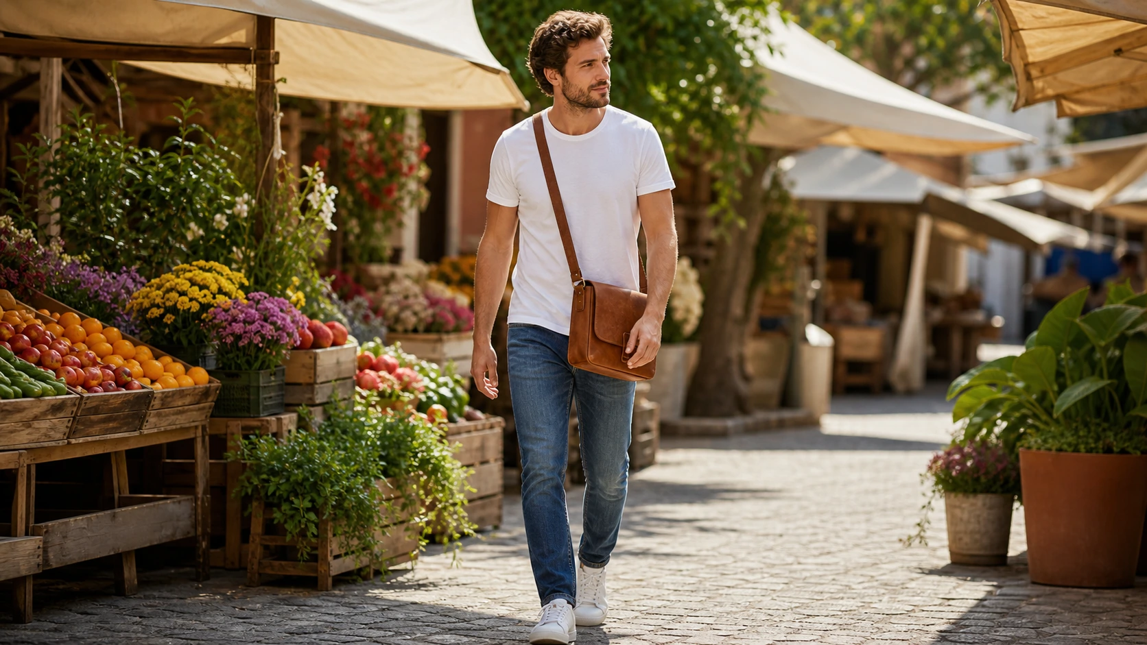 A man wearing a cognac leather bag man for casual weekend outfit at an outdoor market