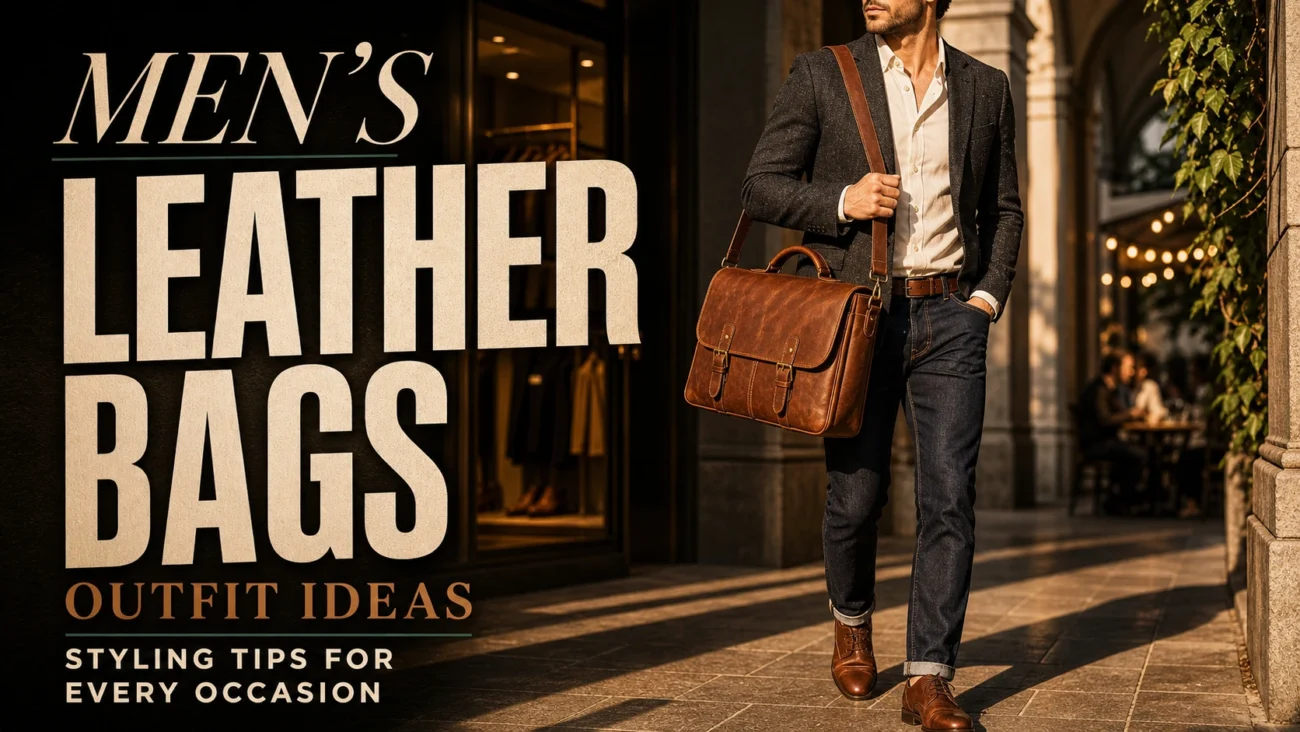 A man carrying a cognac leather bag men styled with smart casual outfit on a city street