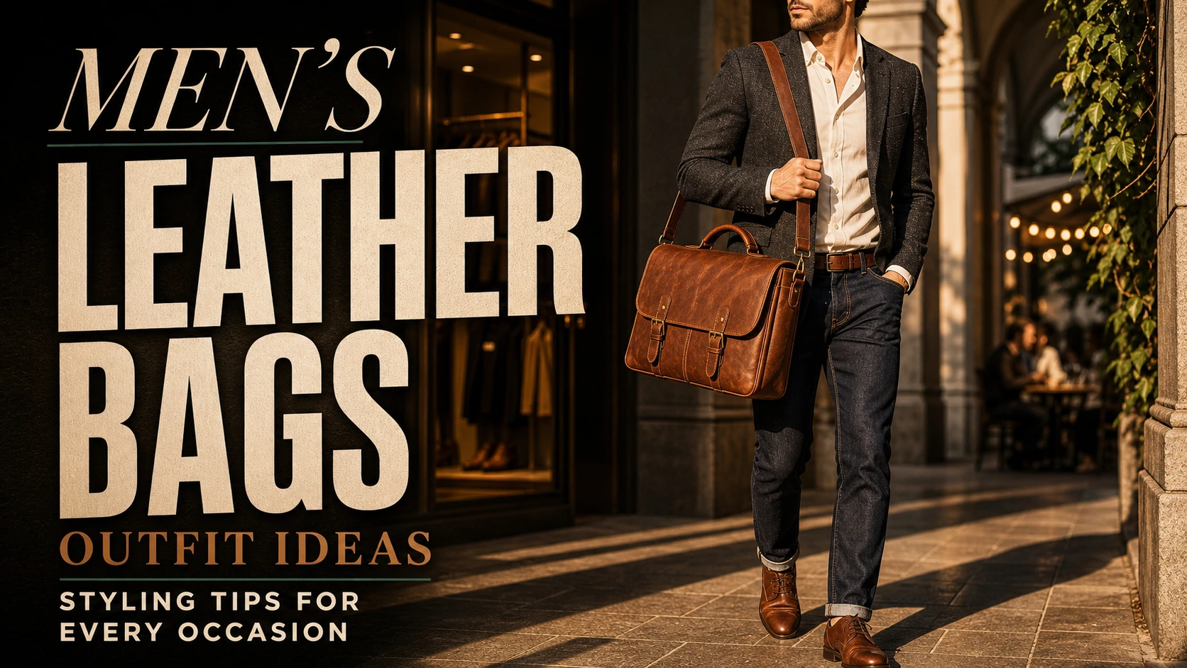 A man carrying a cognac leather bag men styled with smart casual outfit on a city street