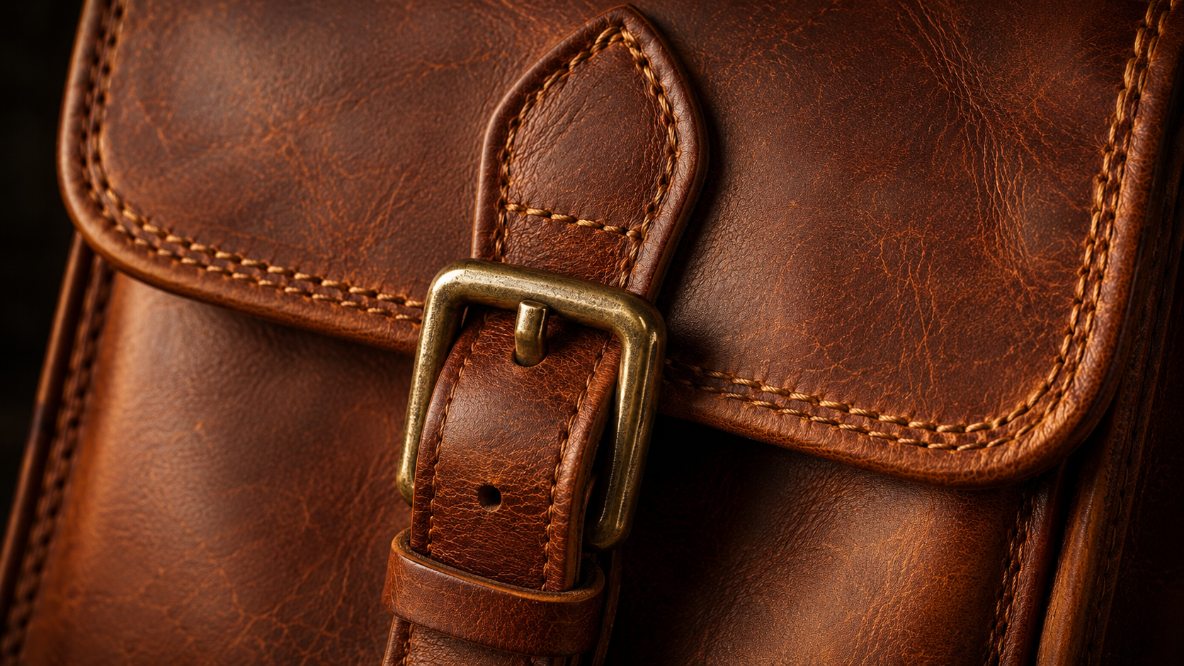 Close-up of brass buckle and double stitching on a quality leather satchel bag.