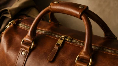 Close-up of reinforced handles and brass zipper on a quality leather duffle bag