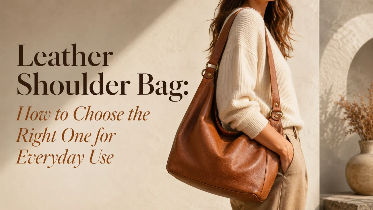 Cognac full-grain leather shoulder bag worn on the shoulder, showing how to choose a leather shoulder bag for everyday use