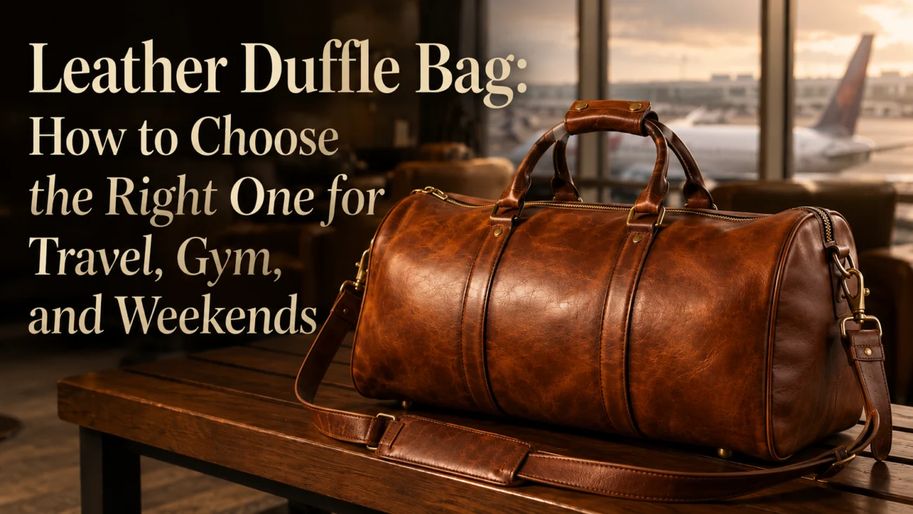 Cognac full-grain leather duffle bag on a bench, showing what to look for in a quality leather duffle bag for travel.