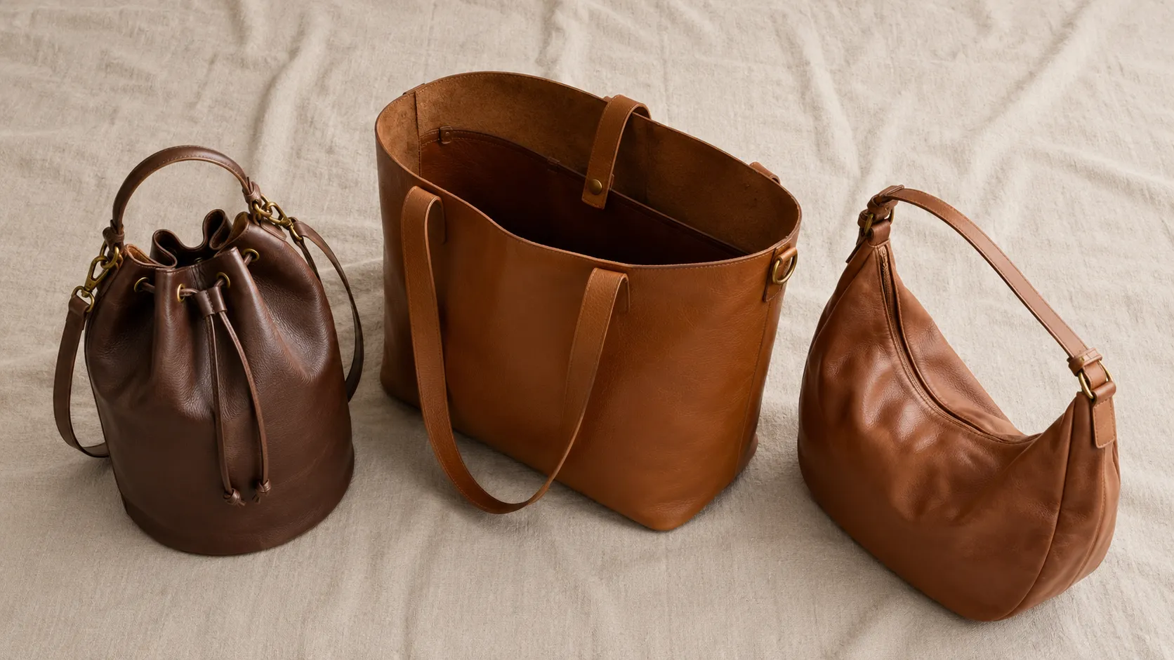 Leather bucket bag compared side by side with a tote and a hobo bag.