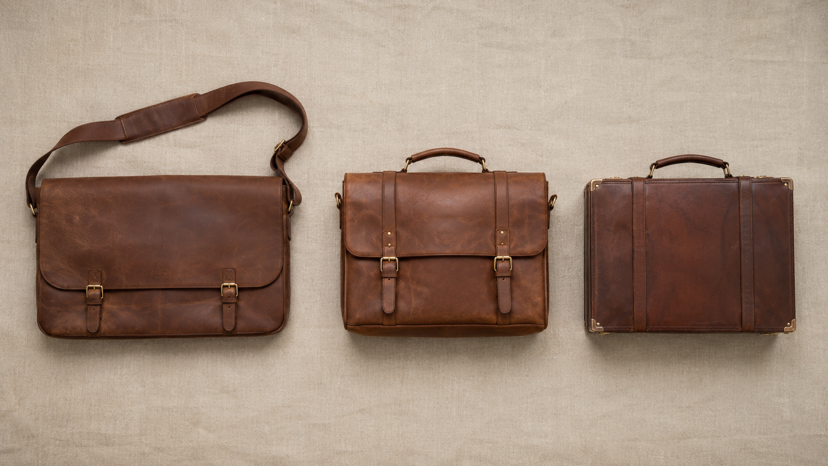 Leather messenger bag compared side by side with a satchel and a briefcase