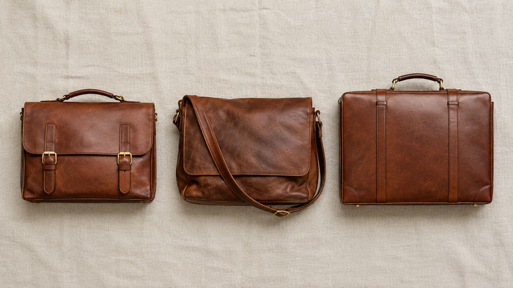 Leather satchel bag compared side by side with a messenger bag and a briefcase