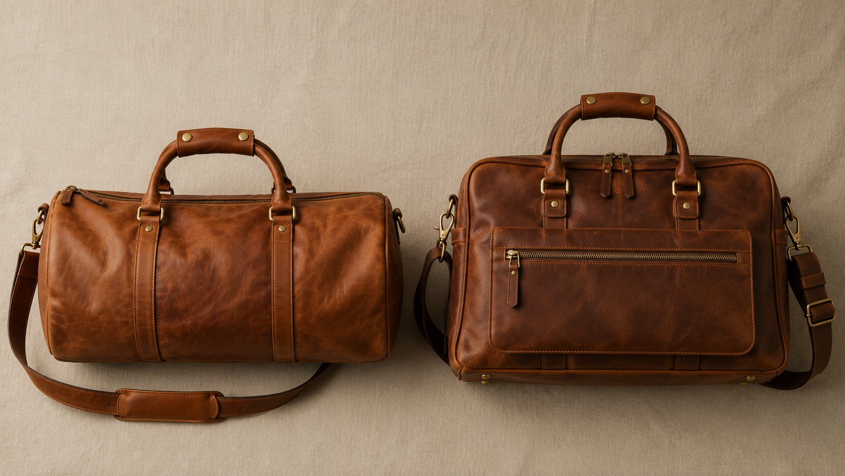 Soft cylindrical leather duffle bag compared with a structured leather weekender bag.