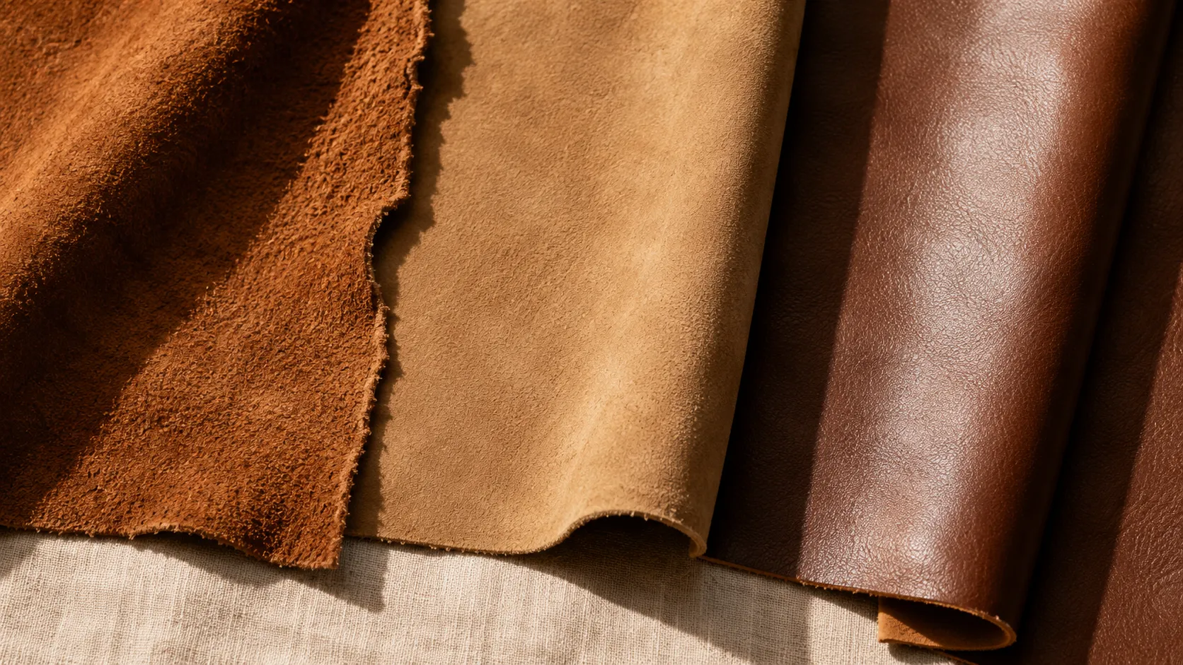 Suede, nubuck, and full-grain leather swatches compared side by side.