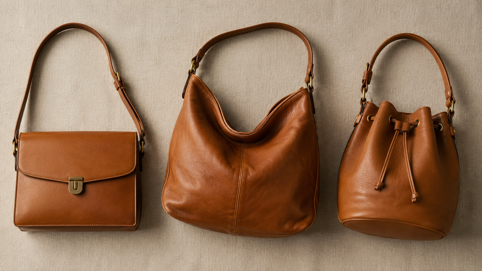 Structured, slouchy hobo, and bucket leather shoulder bag styles compared side by side