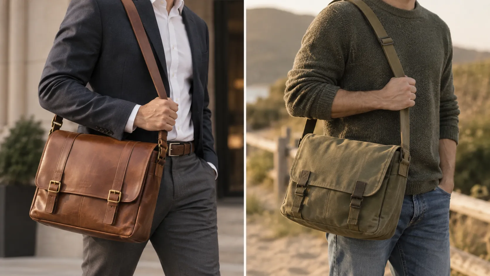 A leather messenger bag styled formally beside a canvas messenger bag styled casually