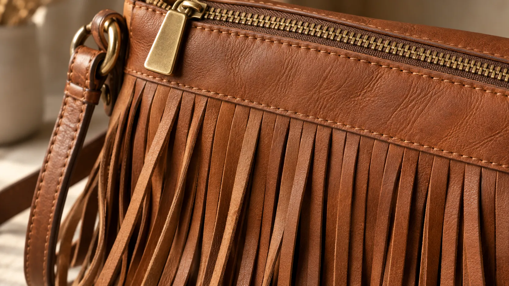 Close-up of evenly cut leather fringe and brass hardware on a crossbody bag